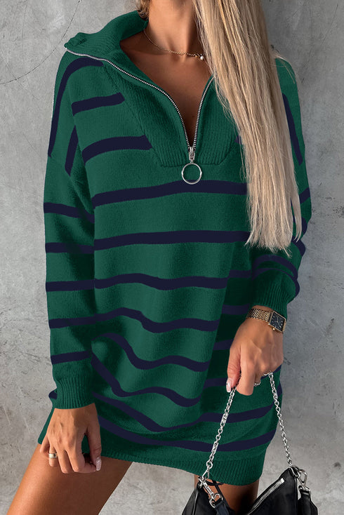 Striped O-Ring Zip Front Collared Drop Shoulder Long Sleeve Sweater Dress